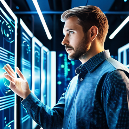 A professional male data scientist in a modest, smart casual shirt, standing in a futuristic, brightly lit data center, surrounded by shimmering, abstract digital data streams and glowing network connections. His expression is thoughtful and focused, observing the complex data visualizations on holographic displays. The scene emphasizes innovation and technological advancement, perfect anatomy, correct proportions, natural pose, well-formed hands, proper finger count, natural body proportions, fully clothed, appropriate attire, modest clothing, professional dress, safe for work, appropriate content, family-friendly, high-resolution, futuristic photography.