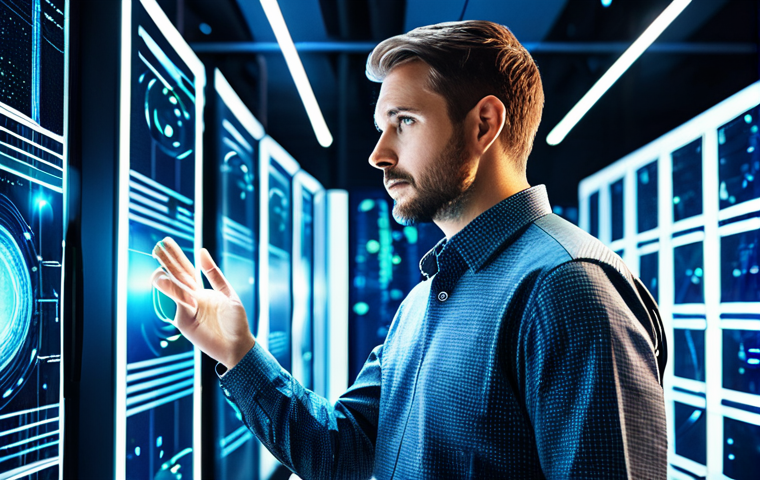 A professional male data scientist in a modest, smart casual shirt, standing in a futuristic, brightly lit data center, surrounded by shimmering, abstract digital data streams and glowing network connections. His expression is thoughtful and focused, observing the complex data visualizations on holographic displays. The scene emphasizes innovation and technological advancement, perfect anatomy, correct proportions, natural pose, well-formed hands, proper finger count, natural body proportions, fully clothed, appropriate attire, modest clothing, professional dress, safe for work, appropriate content, family-friendly, high-resolution, futuristic photography.