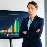 A professional female business leader, fully clothed in a modest, dark business suit, stands confidently in a sleek, modern office. She is attentively observing a large, illuminated digital display showcasing positive growth charts and strategic analytics, symbolizing successful transformation derived from customer feedback. The environment is clean, brightly lit, and reflects professionalism and innovation. This image embodies appropriate content, is safe for work, and depicts professional dress. It features perfect anatomy, correct proportions, a natural pose, well-formed hands, proper finger count, and natural body proportions, captured with professional photography, high resolution, soft lighting, and sharp focus.