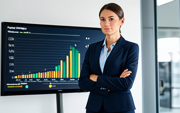 A professional female business leader, fully clothed in a modest, dark business suit, stands confidently in a sleek, modern office. She is attentively observing a large, illuminated digital display showcasing positive growth charts and strategic analytics, symbolizing successful transformation derived from customer feedback. The environment is clean, brightly lit, and reflects professionalism and innovation. This image embodies appropriate content, is safe for work, and depicts professional dress. It features perfect anatomy, correct proportions, a natural pose, well-formed hands, proper finger count, and natural body proportions, captured with professional photography, high resolution, soft lighting, and sharp focus.