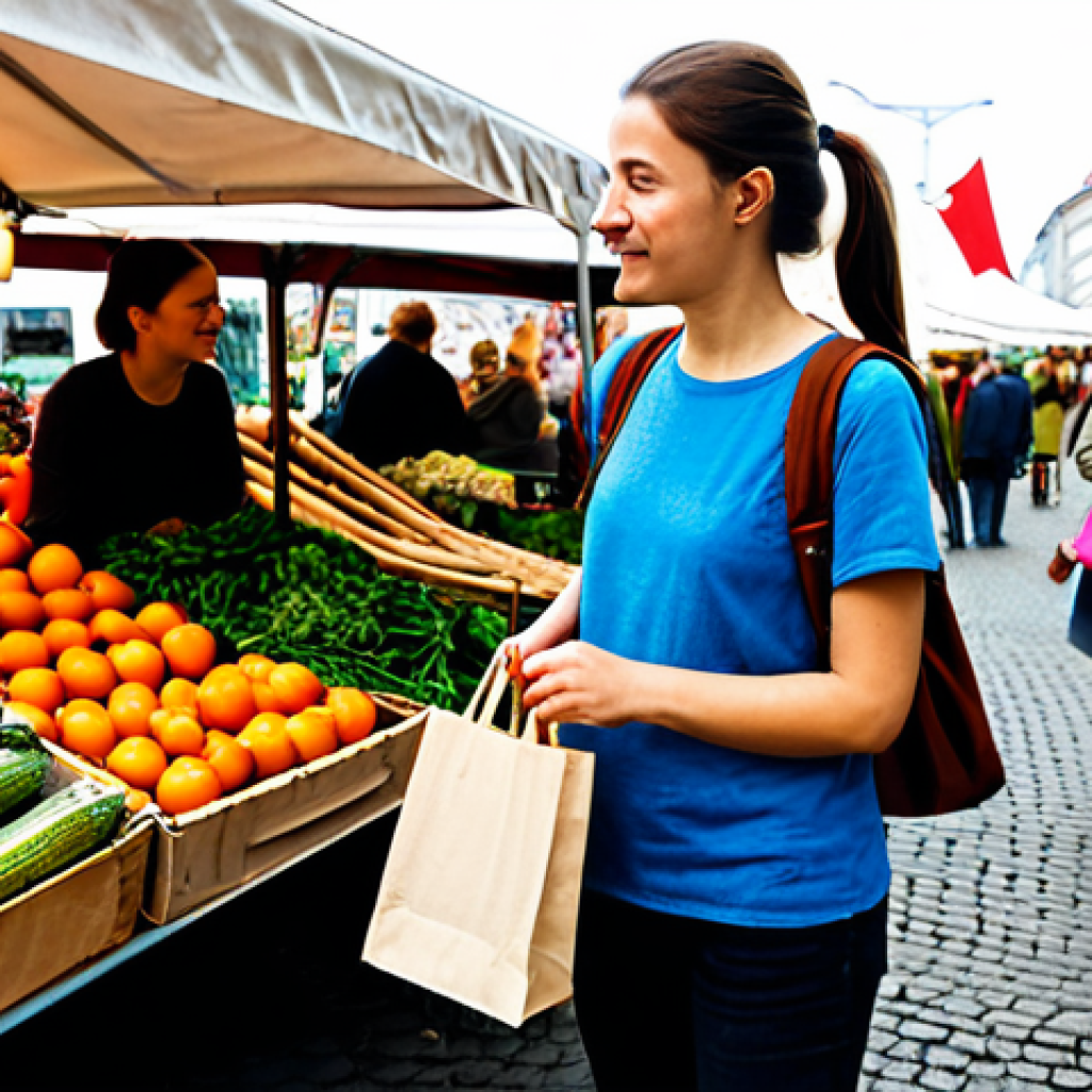 Sustainable Shopping in Berlin**

"A young woman with a reusable tote bag, browsing fresh produce at a weekly farmers market in Berlin-Kreuzberg.  She's wearing a casual, stylish outfit with comfortable shoes. In the background are colorful market stalls with local vendors.  Warm, natural lighting.  Focus on sustainability and healthy eating.  Safe for work, appropriate content, fully clothed, professional, modest."

**