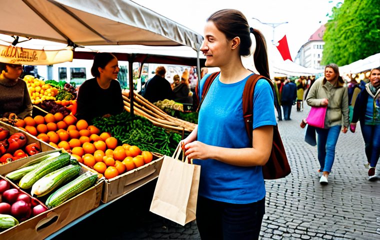 Sustainable Shopping in Berlin**
"A young woman with a reusable tote bag, browsing fresh produce at a weekly farmers market in Berlin-Kreuzberg. She's wearing a casual, stylish outfit with comfortable shoes. In the background are colorful market stalls with local vendors. Warm, natural lighting. Focus on sustainability and healthy eating. Safe for work, appropriate content, fully clothed, professional, modest."
**