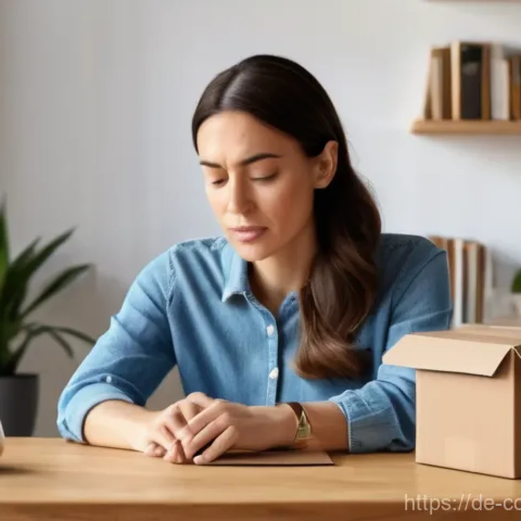 소비자 보호 관련 사례 리뷰 - A fully clothed, mid-30s woman sits at a polished wooden table in a brightly lit, modern living room...