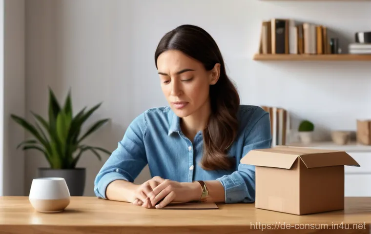 소비자 보호 관련 사례 리뷰 - A fully clothed, mid-30s woman sits at a polished wooden table in a brightly lit, modern living room...