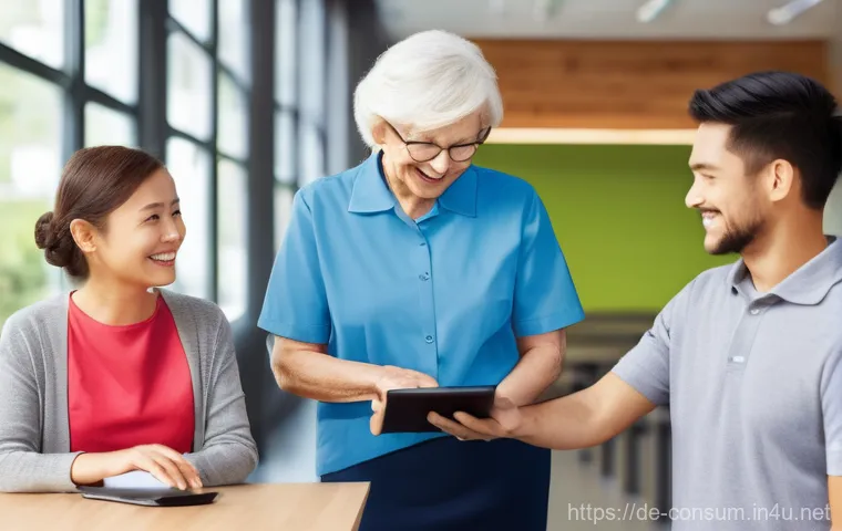 소비자 불만 처리와 서비스 품질 개선 - **Prompt:** A diverse group of people, aged 20s to 60s, smiling and engaging with a friendly custome...