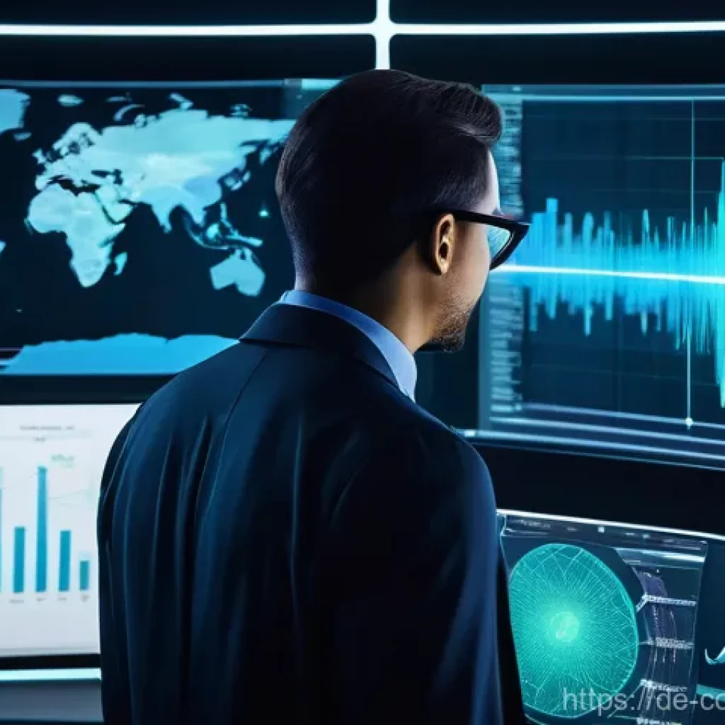 소비자 행동 분석 툴과 사례 비교 - A dynamic, high-tech control room or laboratory setting with a large, glowing holographic display at...