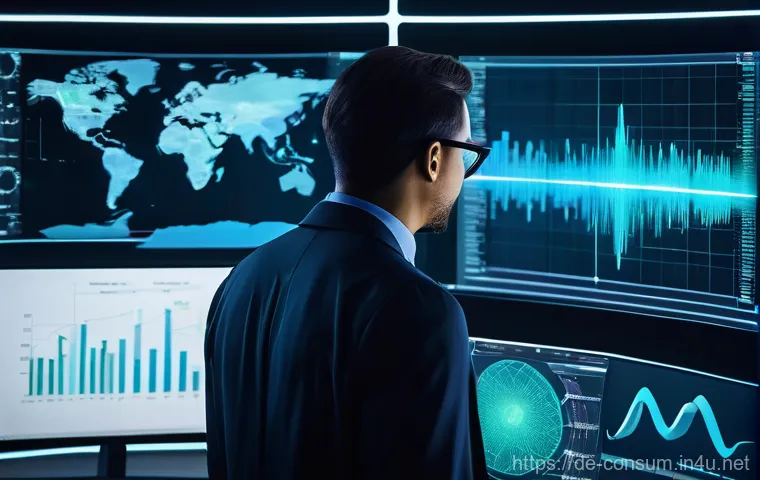 소비자 행동 분석 툴과 사례 비교 - A dynamic, high-tech control room or laboratory setting with a large, glowing holographic display at...