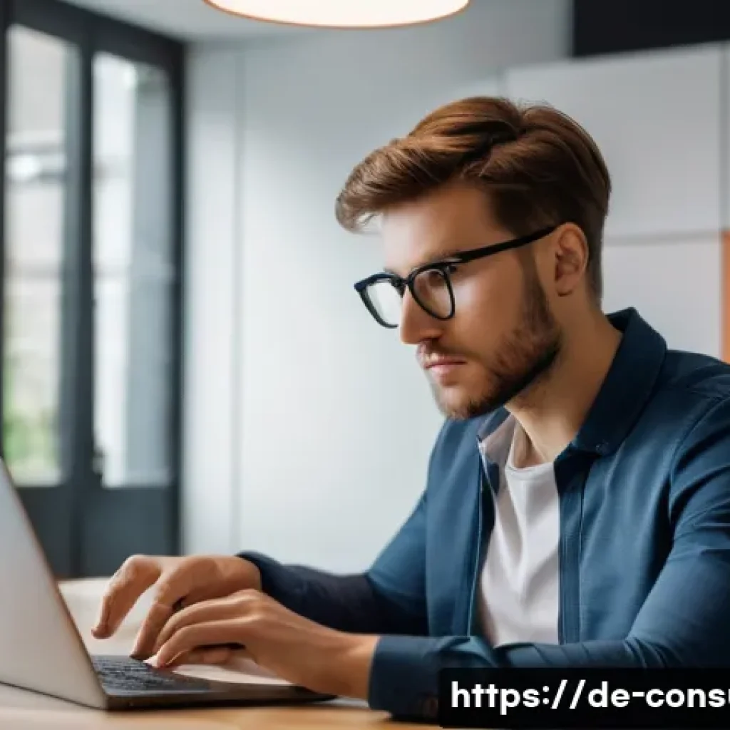 소비자 보호 관련 강의 콘텐츠 개발 - A focused young adult, dressed in smart casual attire, sits at a desk, intently scrutinizing an onli...