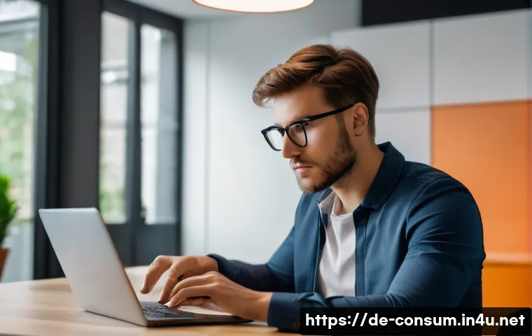 소비자 보호 관련 강의 콘텐츠 개발 - A focused young adult, dressed in smart casual attire, sits at a desk, intently scrutinizing an onli...