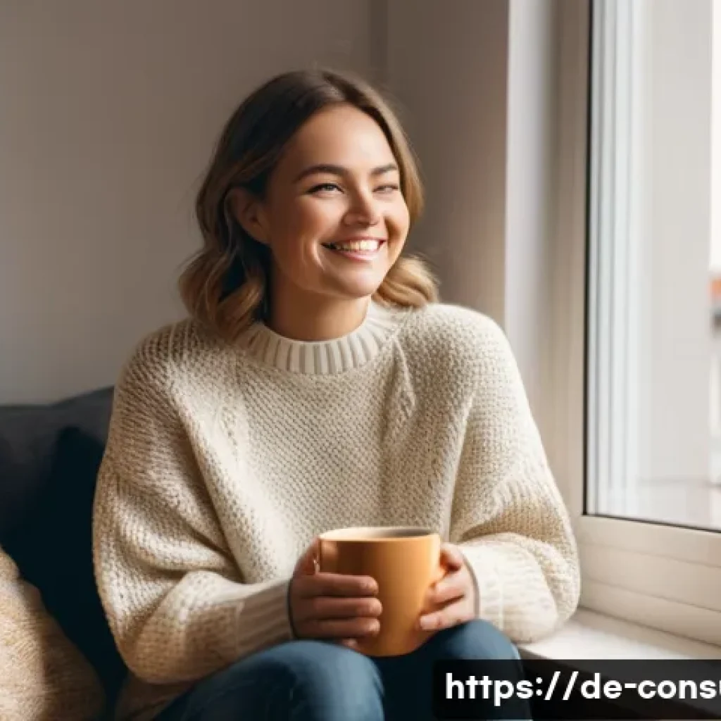 소비자 행동 연구와 실무 활용 방안 - A cheerful young woman in her late twenties, wearing a soft, cozy sweater and comfortable pants, is ...