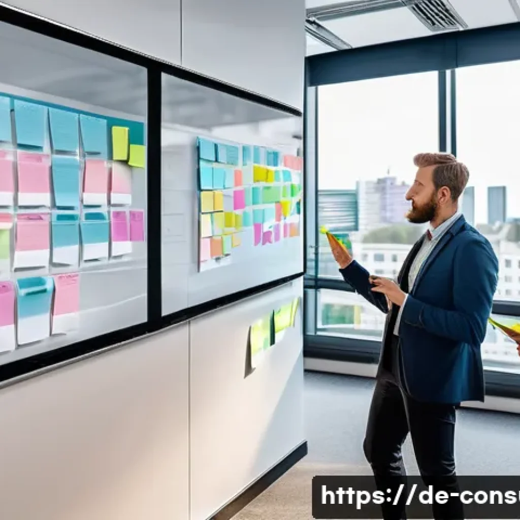 소비자중심 경영 사례와 성공적인 시장 전략 연구와 분석 - A modern corporate office scene showing a diverse agile development team collaborating intensely aro...