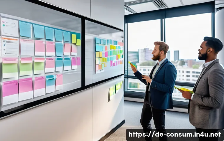 소비자중심 경영 사례와 성공적인 시장 전략 연구와 분석 - A modern corporate office scene showing a diverse agile development team collaborating intensely aro...