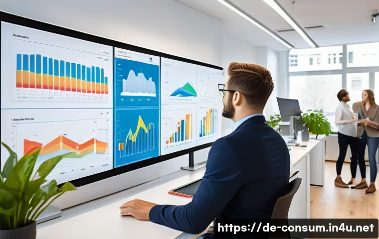 소비자 행동 데이터를 활용한 미래 전망 - A modern office scene in a German marketing agency, showing a diverse team of professionals analyzin...