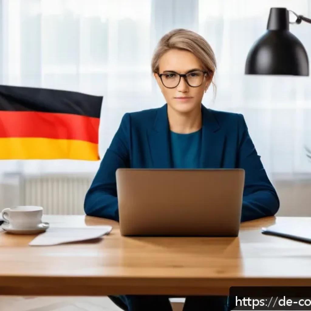 소비자 보호 관련 사례와 해결책 - A modern German living room scene with a middle-aged woman sitting at a sleek desk using a laptop, v...