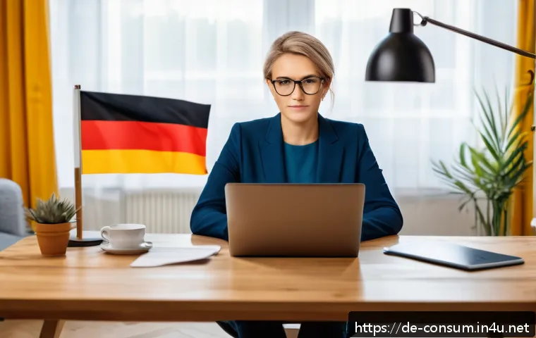 소비자 보호 관련 사례와 해결책 - A modern German living room scene with a middle-aged woman sitting at a sleek desk using a laptop, v...