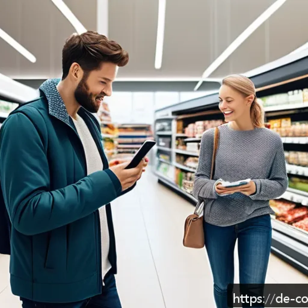 소비자 행동 데이터를 활용한 분석 기법 - A modern German supermarket scene showing diverse customers shopping with digital carts, scanning di...