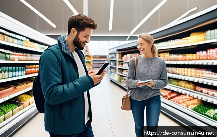 소비자 행동 데이터를 활용한 분석 기법 - A modern German supermarket scene showing diverse customers shopping with digital carts, scanning di...
