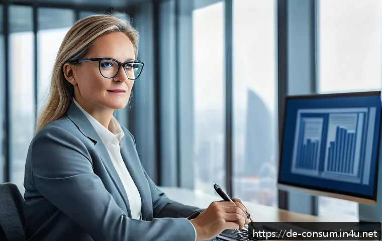 소비자전문기술사 자격증의 가치 - A professional consumer protection advisor in a modern office setting, analyzing complex digital con...