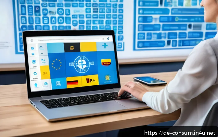 소비자 보호 관련 글로벌 사례 연구 보고서 - A modern, bright German living room scene with a middle-aged person using a laptop to shop online, s...