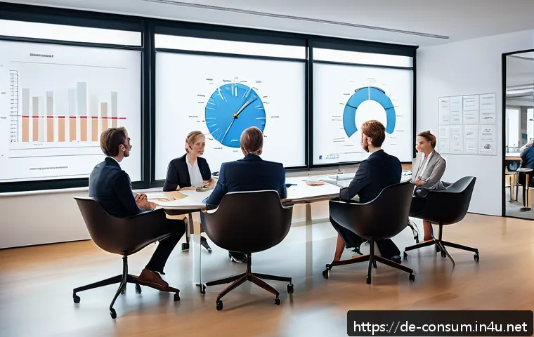 소비자 행동 데이터를 활용한 글로벌 혁신 전략 개발 사례 연구 - A modern corporate office scene in Germany showing an interdisciplinary team collaborating intensely...