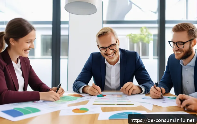 소비자중심 경영과 지속 가능성 전략 사례 연구 - A modern medium-sized German company office environment with diverse employees engaging in a worksho...