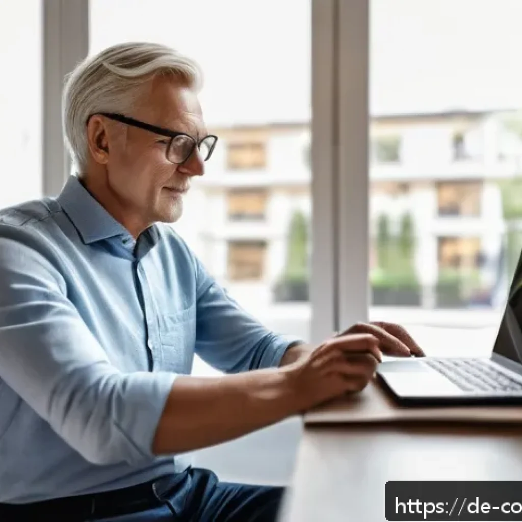 소비자 보호와 관련된 이슈와 대처 방안 - A detailed modern home office scene showing a middle-aged German person carefully reviewing an onlin...