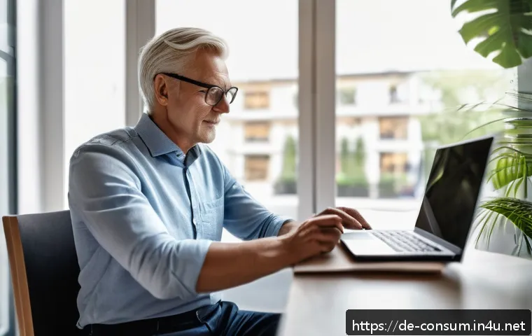 소비자 보호와 관련된 이슈와 대처 방안 - A detailed modern home office scene showing a middle-aged German person carefully reviewing an onlin...