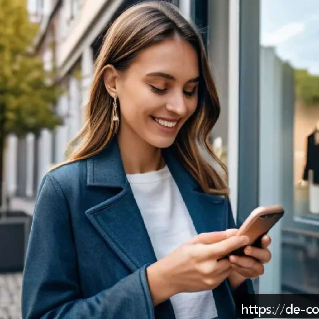 소비자 행동 연구의 최신 동향 - A modern German online shopping scene showing a young woman using a smartphone with a sleek, fast-lo...