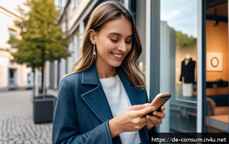 소비자 행동 연구의 최신 동향 - A modern German online shopping scene showing a young woman using a smartphone with a sleek, fast-lo...