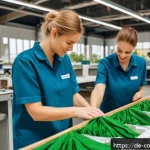 소비자중심 경영 사례 분석 보고서 - A modern German textile factory interior showcasing sustainable innovation: workers carefully handli...