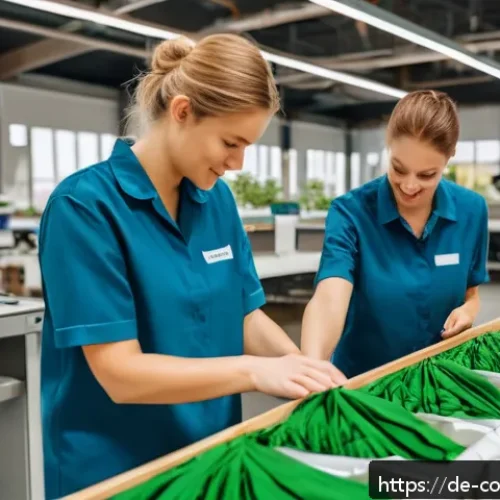소비자중심 경영 사례 분석 보고서 - A modern German textile factory interior showcasing sustainable innovation: workers carefully handli...