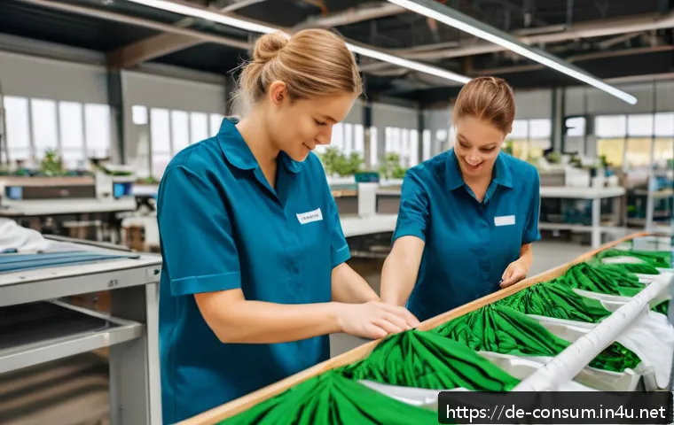 소비자중심 경영 사례 분석 보고서 - A modern German textile factory interior showcasing sustainable innovation: workers carefully handli...