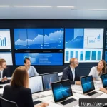 소비자 행동 데이터를 활용한 비즈니스 혁신 - A modern office setting featuring a diverse team of German marketing professionals analyzing large d...