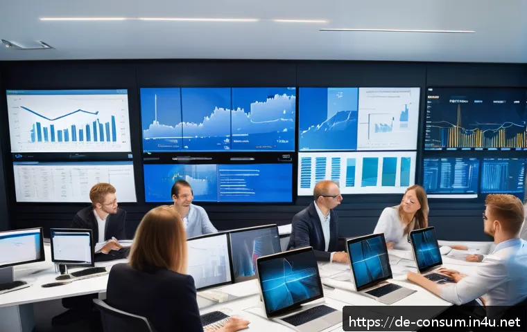 소비자 행동 데이터를 활용한 비즈니스 혁신 - A modern office setting featuring a diverse team of German marketing professionals analyzing large d...